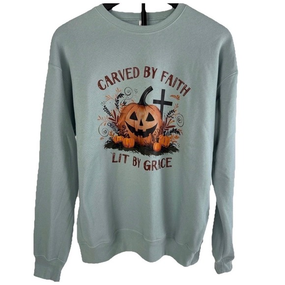 Bow-Kae Designs Tops - Bow-Kae Designs Sweatshirt Women S Blue Carved by Faith Pumpkin Christian Fleece